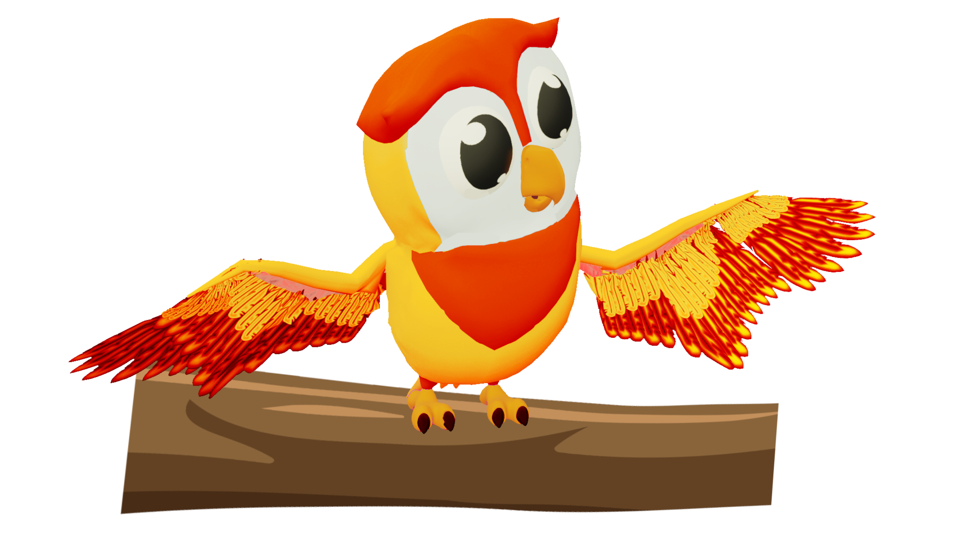 Gelb-rote Eule zeigt auf die Bilder